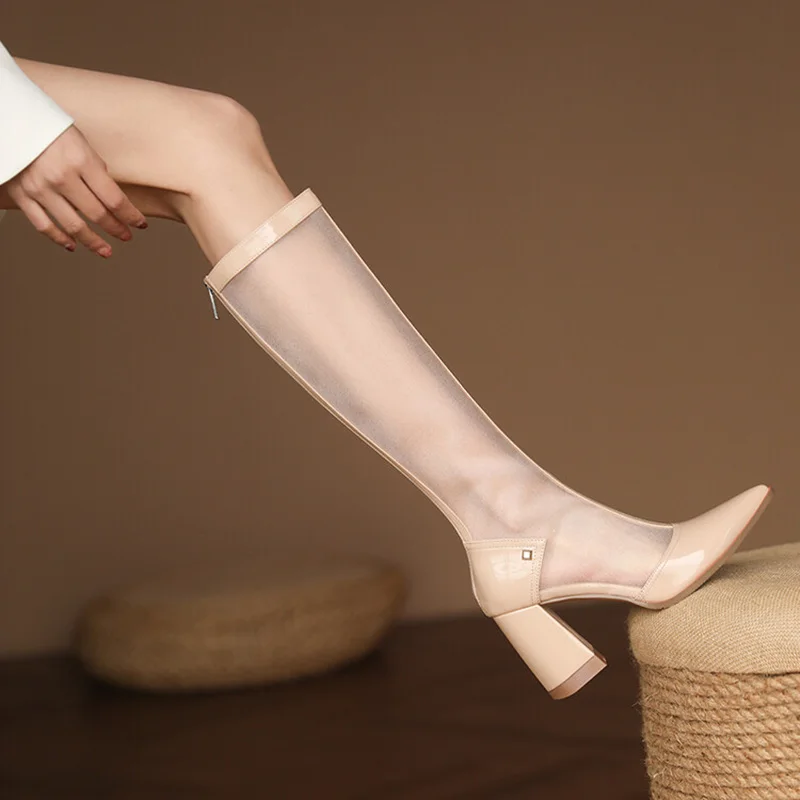 

Привлекательные женские Современные Сапоги, летние модные сапоги до колена с острым носком, сетчатые ботинки из искусственной кожи на молн...