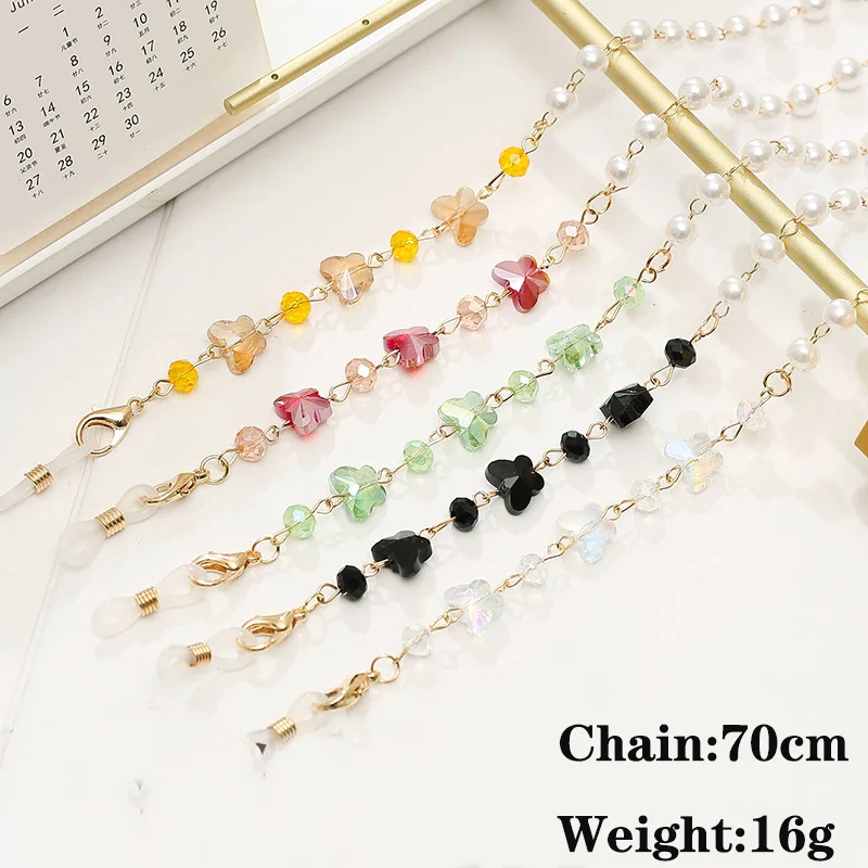 

XQFATE New Colorful Butterfly Charm Glasses Chain Neck Strap for Women Fashion Pearl Heart Beaded Sunglasses Mask Holder Lanyard