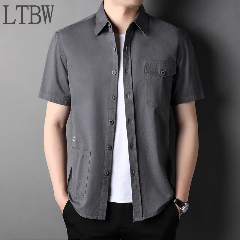 LTBW Fashion Workwear Men's Shirts Short Sleeves Casual Cotton Shirts With Pockets