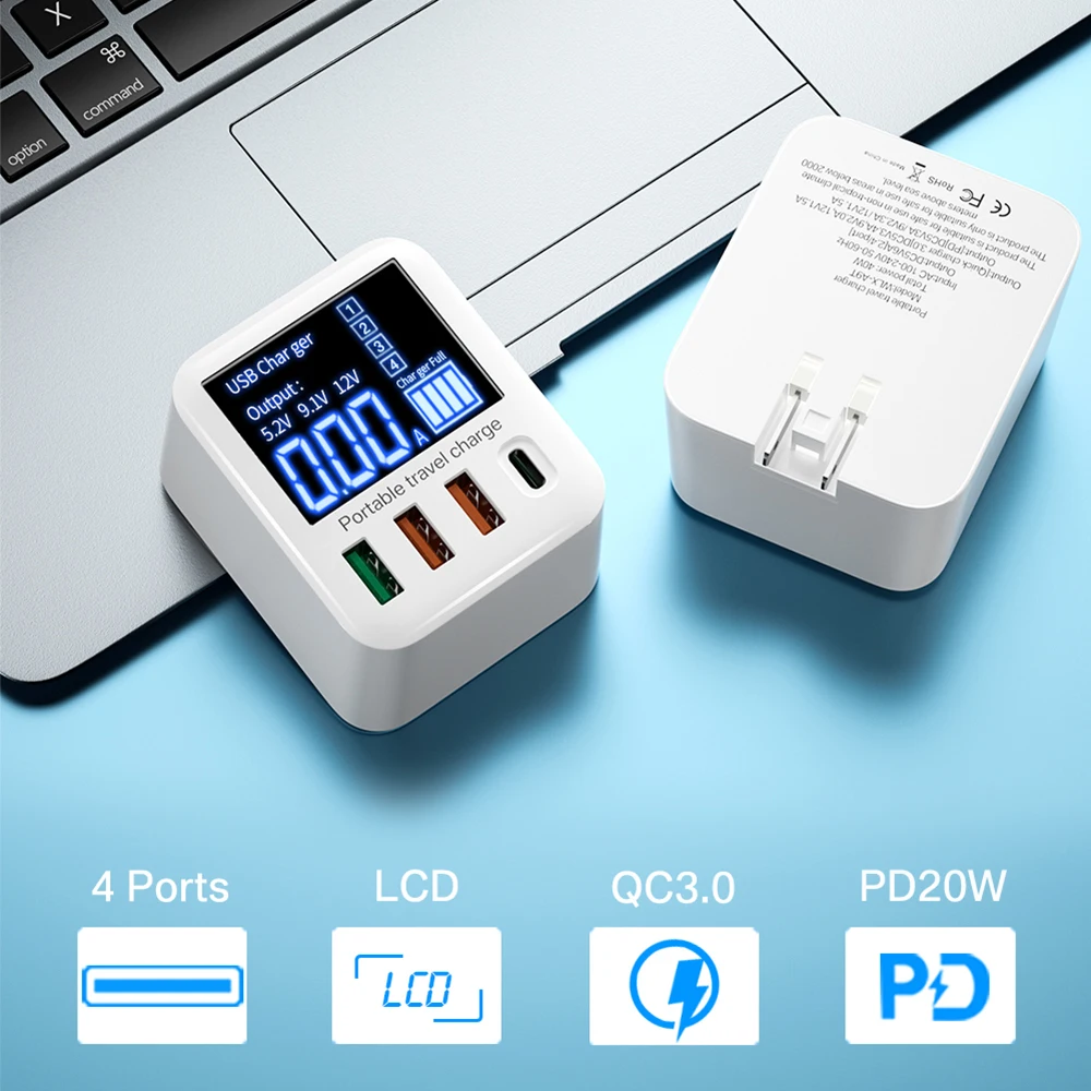 

40W QC3.0 Fast Charging USB C Charger 4 Ports Portable Phone Charger LCD Display For iPhone Huawei Samsung Type C PD USB Charger