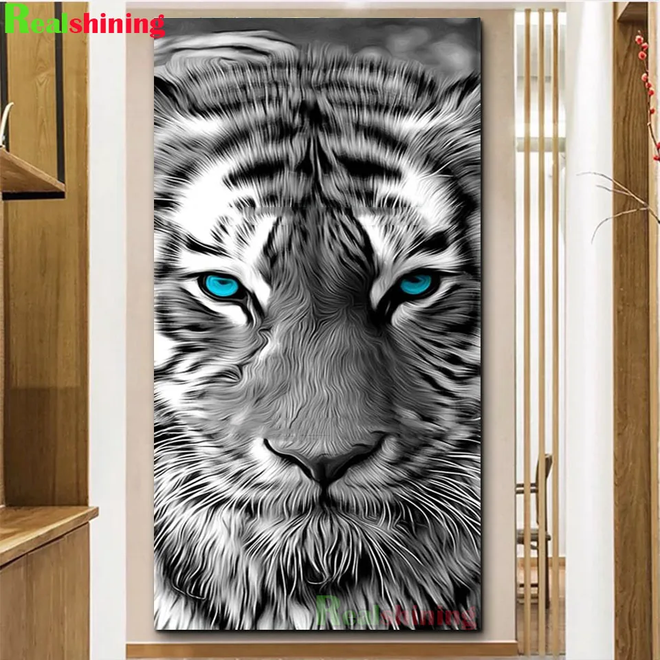 

Абстрактные животные, алмазная живопись, большой черный и белый тигр с голубыми глазами, дикая природа для дома, офиса, спальни, декор F60