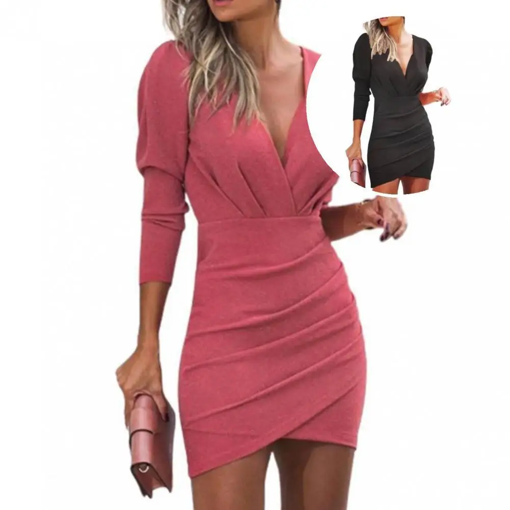 

Formal Dress Fashion Casual Thin V-Neck Pleated Solid Formal Dress for Daily Bodycon Dress Women Dress