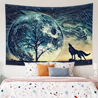 wolf moon tree oil painting mandala night dream decor tapestry trippy mystical room dorm decoration dark mounted wall hanging