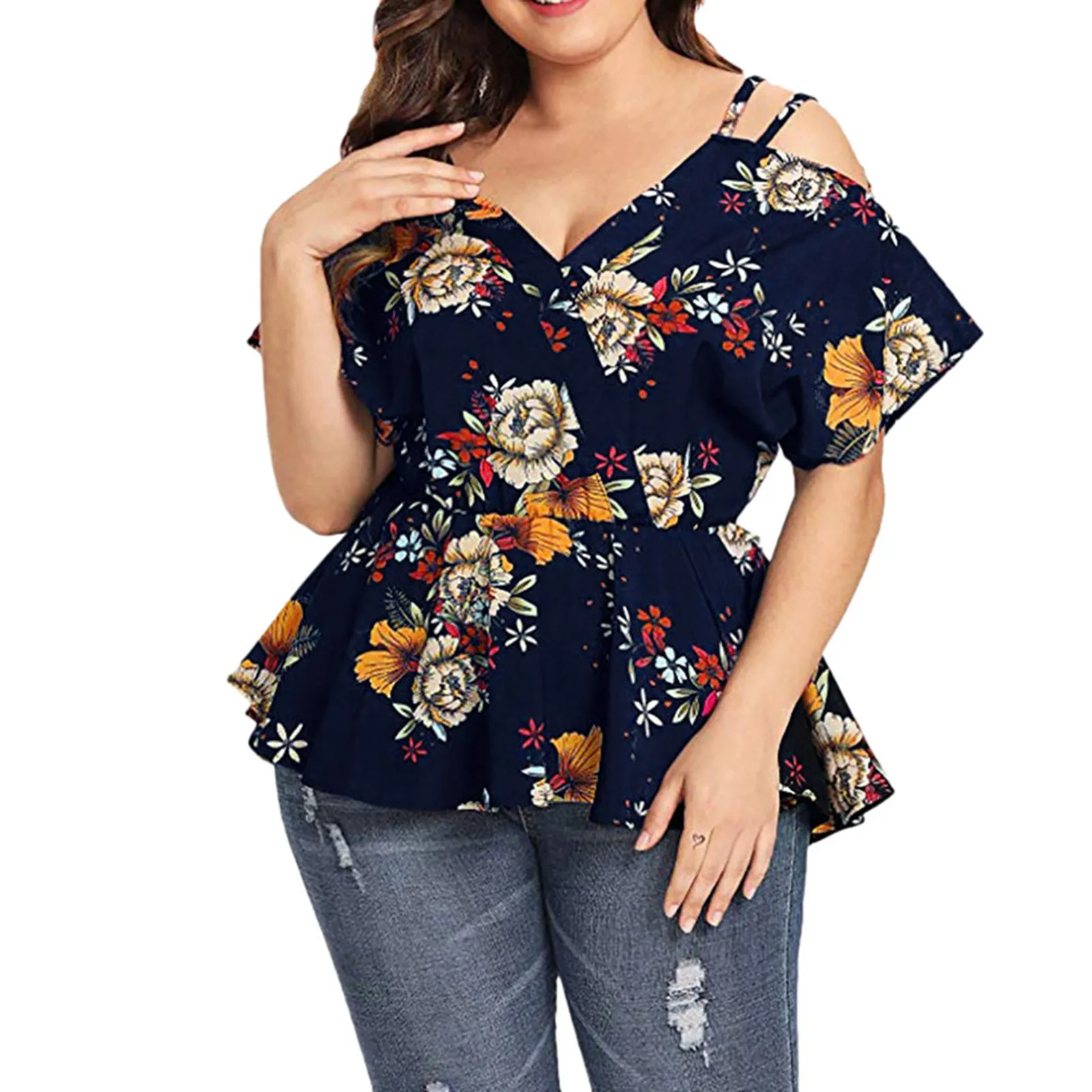 

Summer Holiday Top Casual Tunic Women's Short Sleeve Loose Shirt Cold Shoulder Floral Peplum Top Blouse ropa de mujer