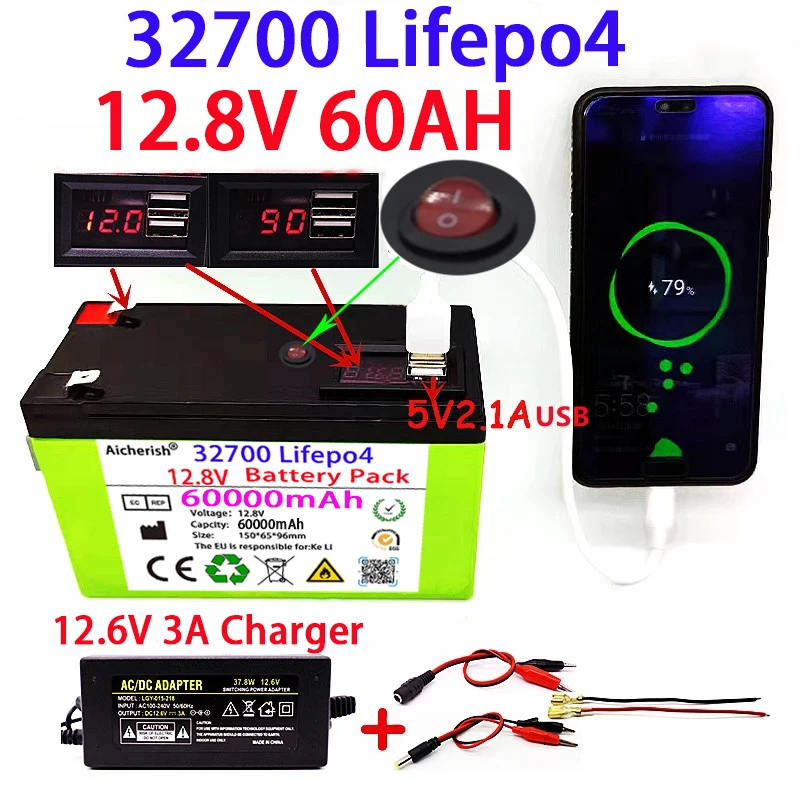 

2022 New Rechargeable Lithium Battery LiFePO4 32700 12.8V 70Ah Portable Built-in 5V 2.1A USB Android Apple Port 12.6V 3A Charger
