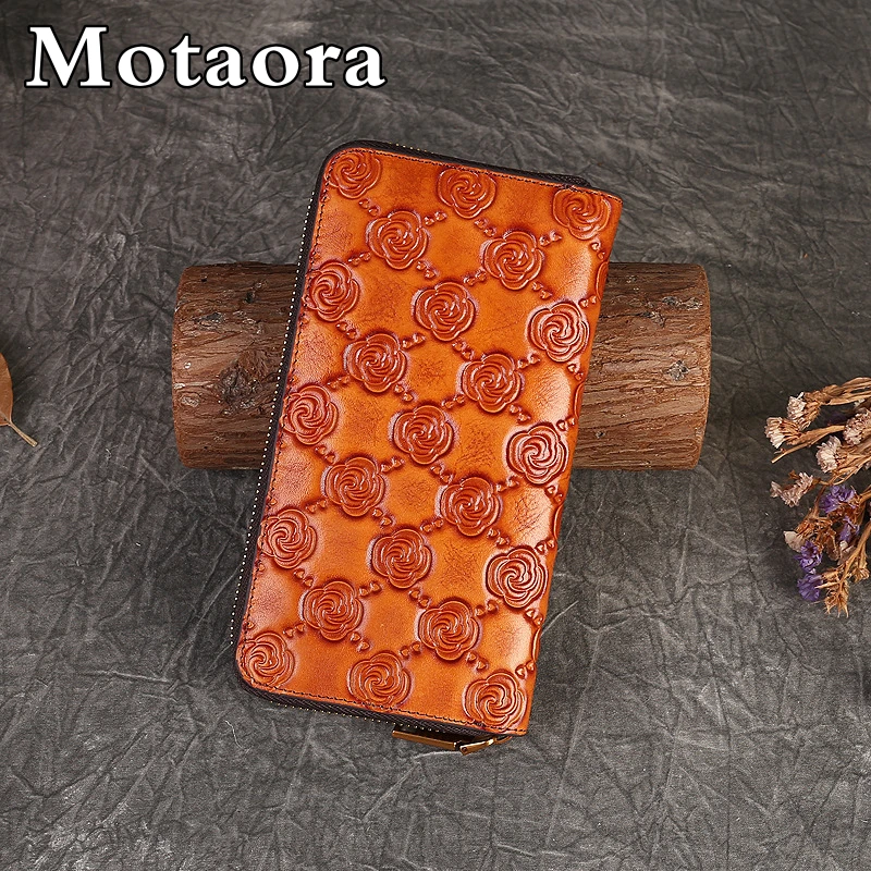 MOTAORA Cowhide Women's Long Wallets For Women 2023 New Vintage Genuine Leather Ladies Wallet Multi Card Holder Brown Purses Bag
