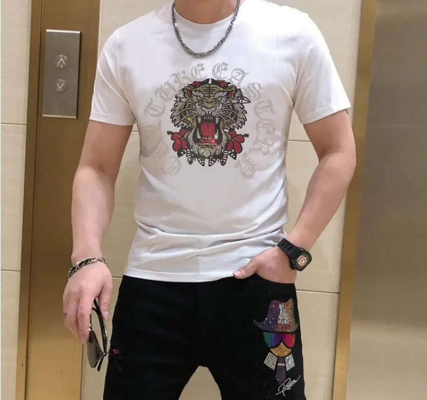 

S-6XL Men's T-Shirt Summer Casual Streetwear Short Sleeve Anime Designer Rhinestone Fashion Sports