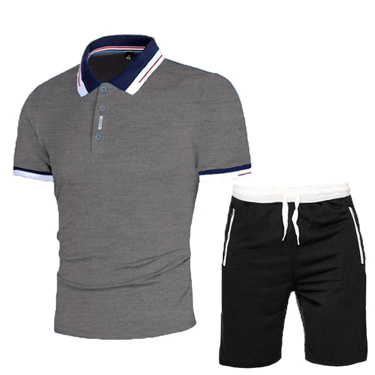 Summer New Man Patchwork short-sleeved T-shirt+shorts 2-piece suit lapel slim polo shirt Men's Sets Elastic waist Asian size