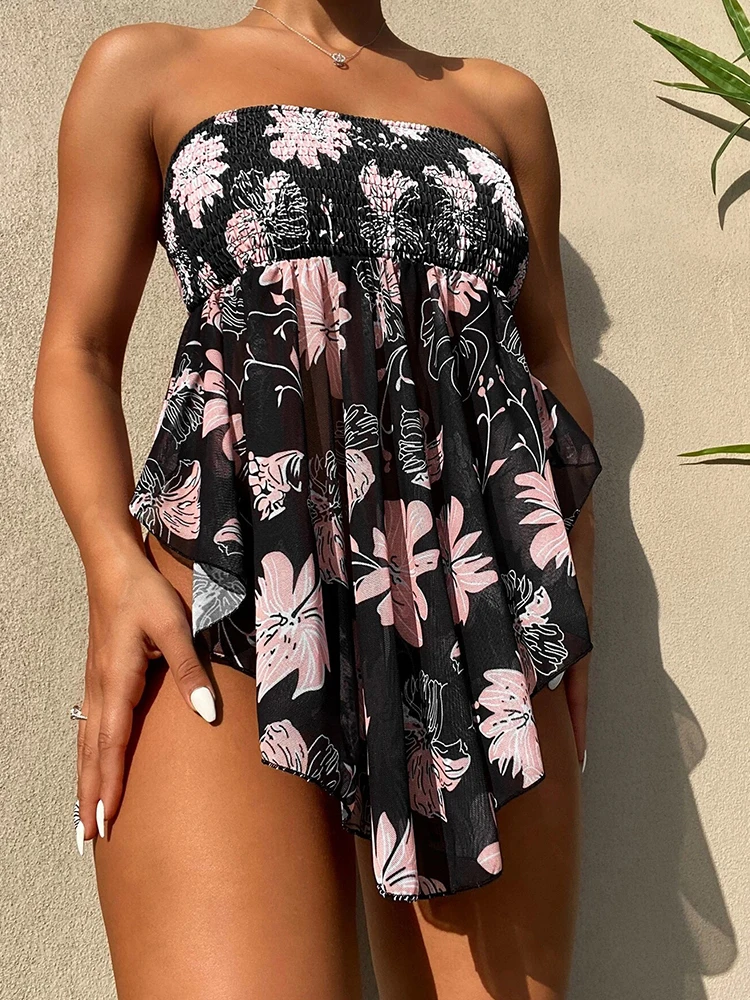 

Sexy Floral Print Swimming Skirt Two Piece Bikini New Women Tube Top Strapless Swimwear Fashion Summer Chic Push Up Beachwear