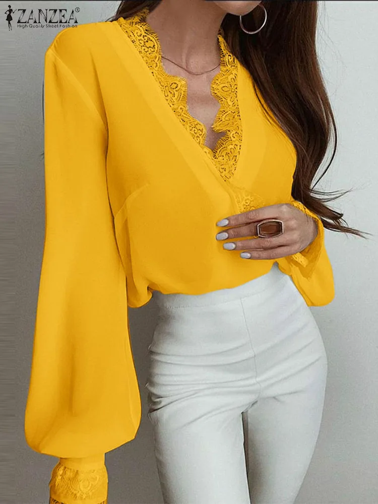 

Блузка ZANZEA женская с запахом, Повседневная модная рубашка с длинным рукавом-фонариком, с кружевом и V-образным вырезом, элегантная офисная одежда, 2023