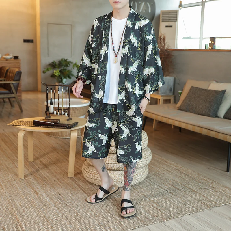 

Summer Chinese Style Men's Chiffon Embroidery Hanfu Tang Suit Two Piece Men's Suit Causal Loose Button Cardigan Tops+ Pants