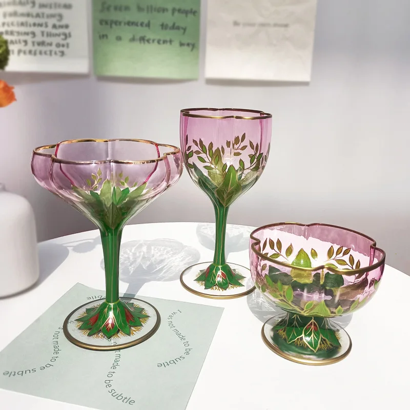 

Austrian Medieval Champagne Cup, Crystal Glass, Red Wine Cup, Pink Hand Painted Ice Cream Bowl, Retro Flower Goblet