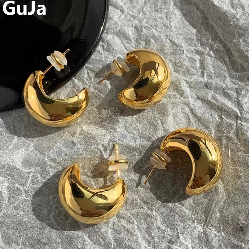 

Fashion Jewelry Half Round Smooth Shiny Drop Earrings Simply Design Metallic Silver Plated Gold Color Earrings For Women Gift
