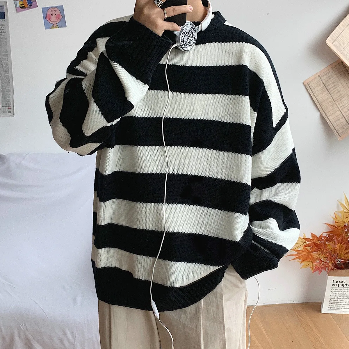 

2022 Men Sweaters Pullover Turtleneck Plus Size Striped Retro New Chic All-match Leisure Harajuku Loose Couples Sweaters