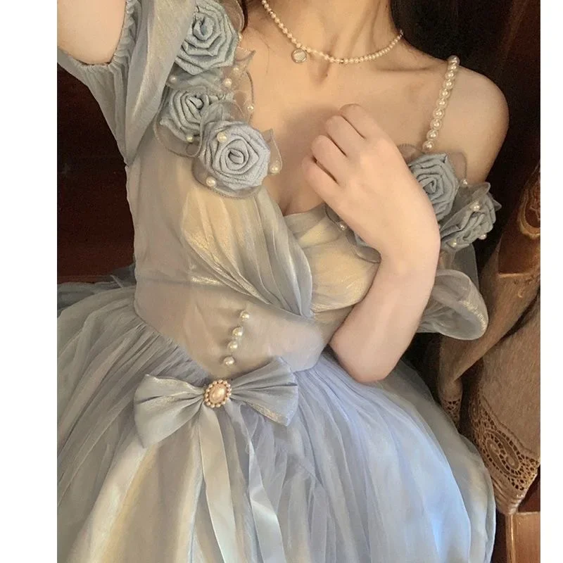 Цветочное свадебное платье в стиле &quotЛолита&quot искусственное голубое с