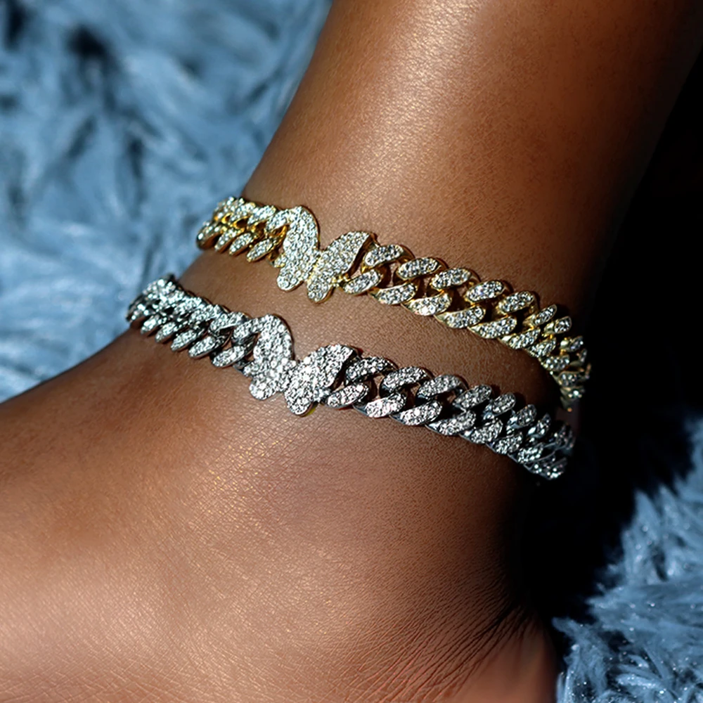 

Iced Out Bling Butterfly Clasp Cuban Anklets For Women Punk Hiphop Miami Cuban Link Chain Anklet Bracelet On Leg Sandals Jewelry