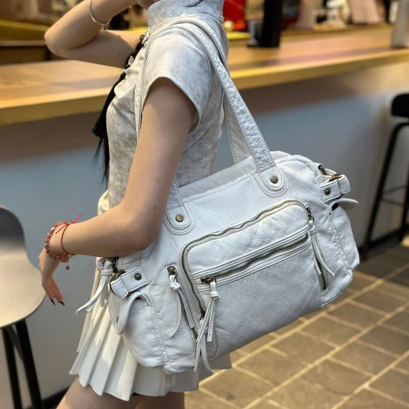 Women's fashion retro old motorcycle bag large capacity washed Y2K hot girl shoulder messenger