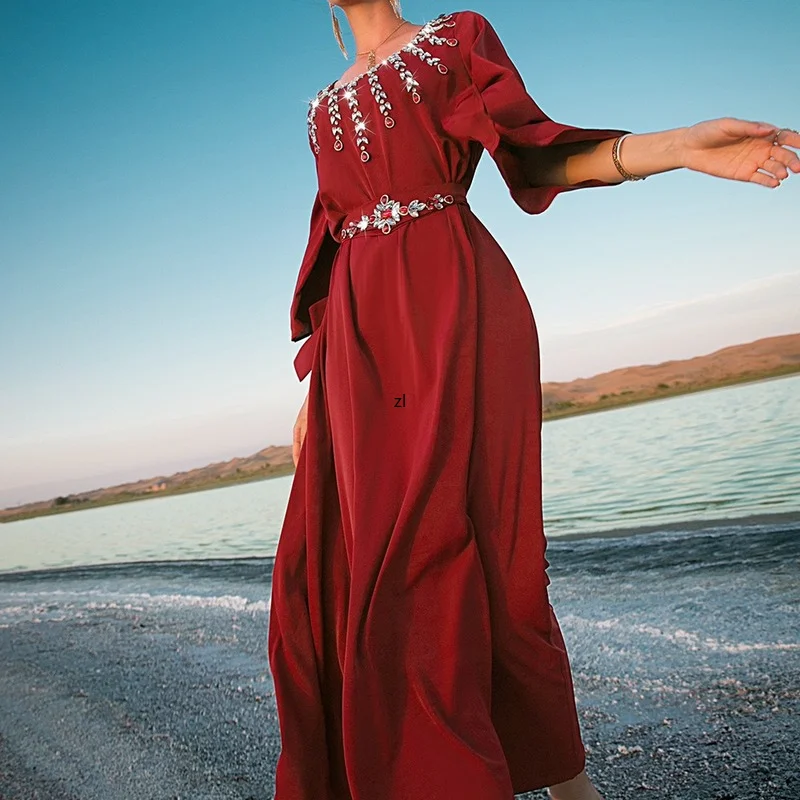 Caftan Moroccan Jalabiya Chic Elegant Women's Dresses for Party 2022 Dubai Summer Gulf Luruxy Rhinestones Kaftan Dress