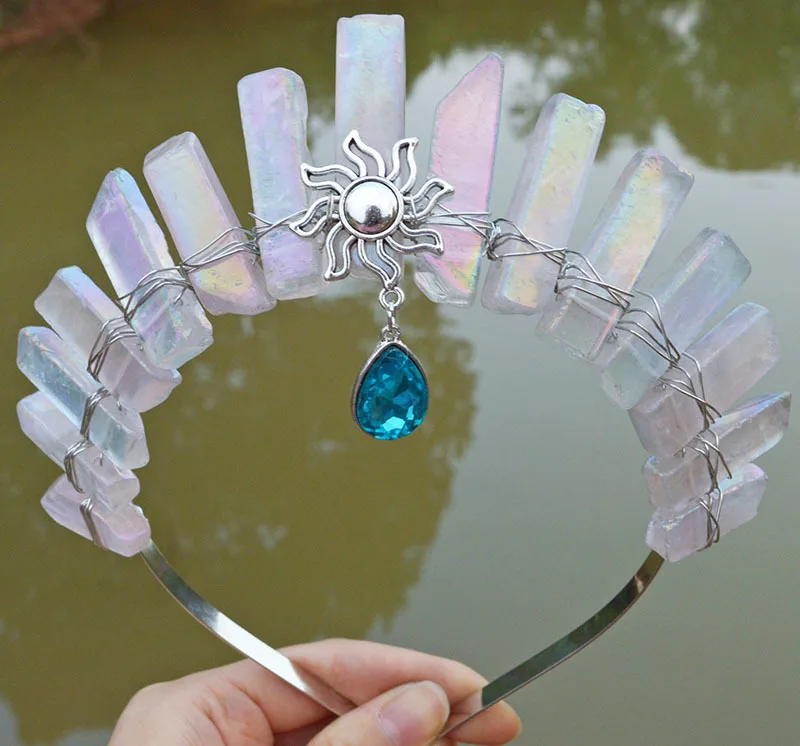 Ful Pink Crystal Crown Wiccan Raindrop Mermaid Crown Hairband Hair Accessories Quartz Headband Tiaras Festival Gift