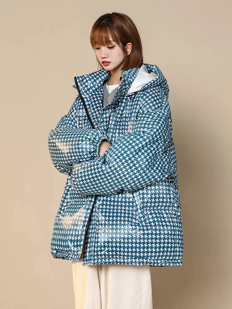 New Glossy Houndstooth Hooded Tops Women Winter Coats Oversized Puffy Warm Outerwear Down Jackets Warm Coat Female