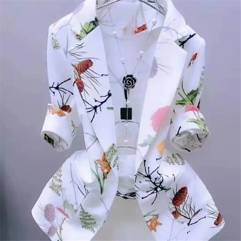 2023 Spring/Summer Fashion New Style Suit Collar 3/4 Sleeve Waist Wrapped Thin Printed Suit Coat Women's Trend H431 images - 6