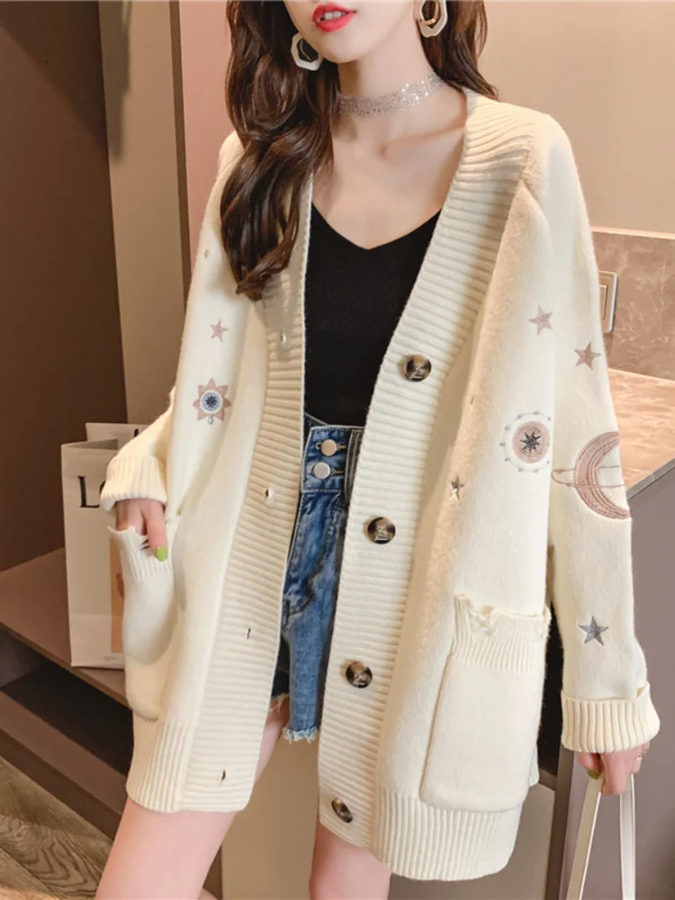 

Star Moon Embroidery Women Sweater Knitting Cardigans Fall V Neck Beige Color Loose Oversize Lady Jacket Coat