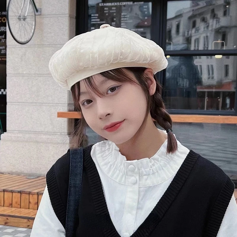 

Korean Sweet Lace Polka Dot Beret Hat Spring and Summer Fashion Painter Pumpkin Cap Cute Women's Hats Japanese Berets