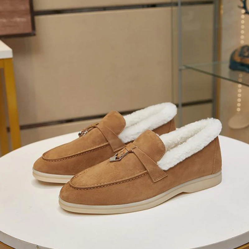 Luxury Wool Warm and Plush Snow Leather Loafers Shoes for Women  Spring and Autumn Casual Shoes Comfortable Walking Shoes
