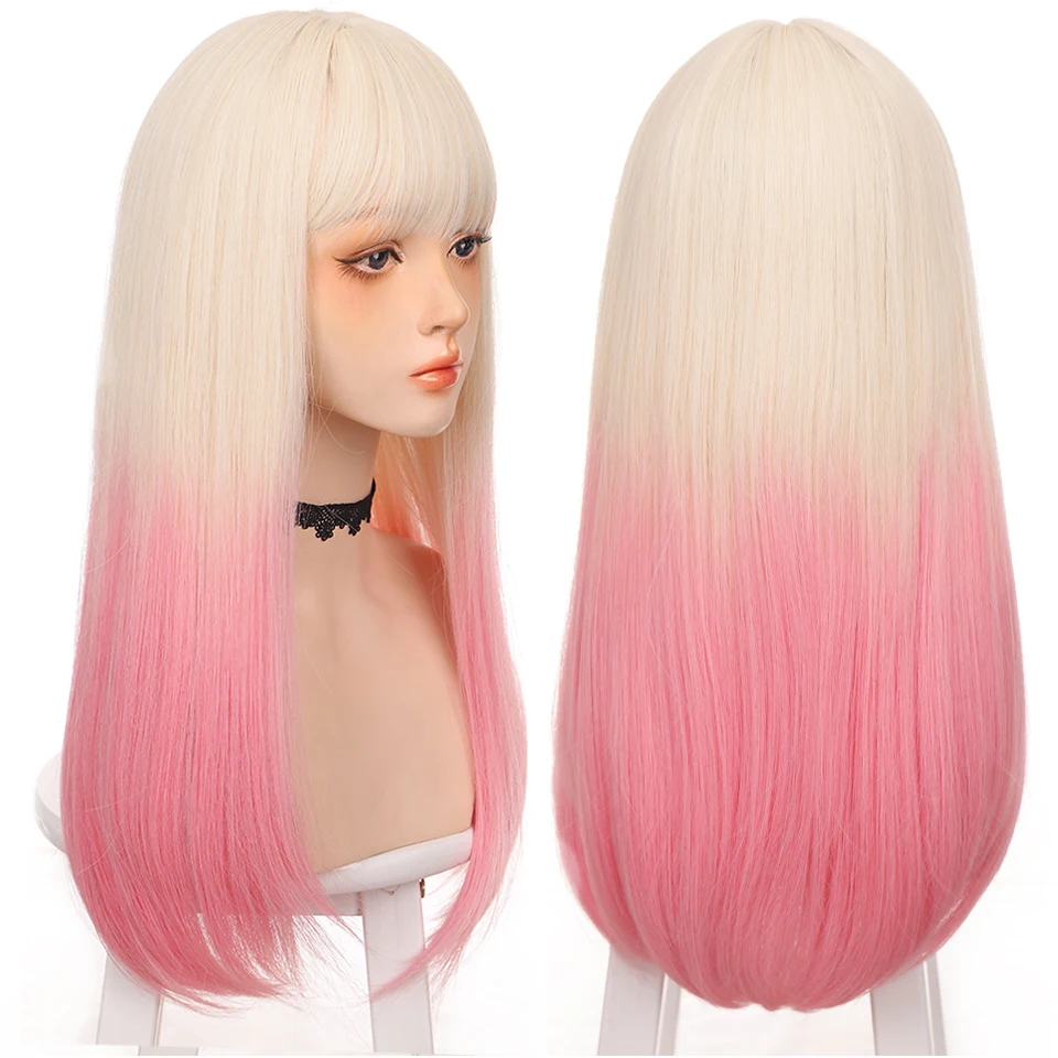 HOUYAN Long straight hair synthetic wig girl pink white gradient bangs cosplay Lolita party heat-resistant wigs