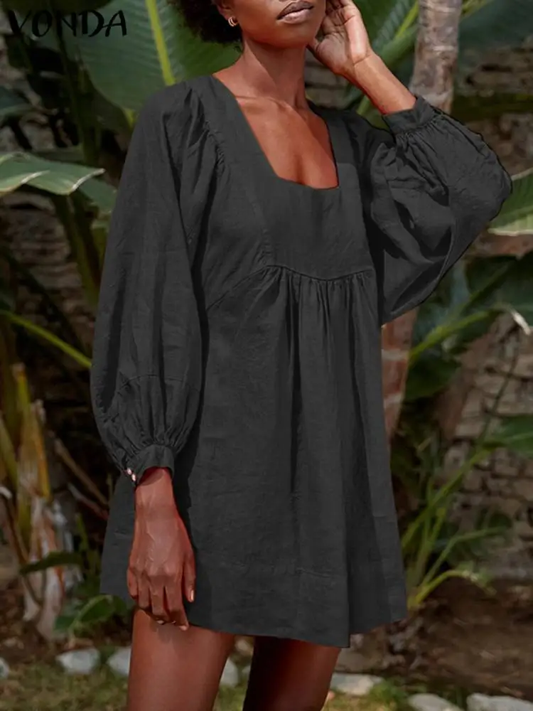 

Женское элегантное платье VONDA 2023, Осеннее мини-платье с длинным рукавом, однотонный короткий сарафан с квадратным вырезом, повседневные плиссированные платья