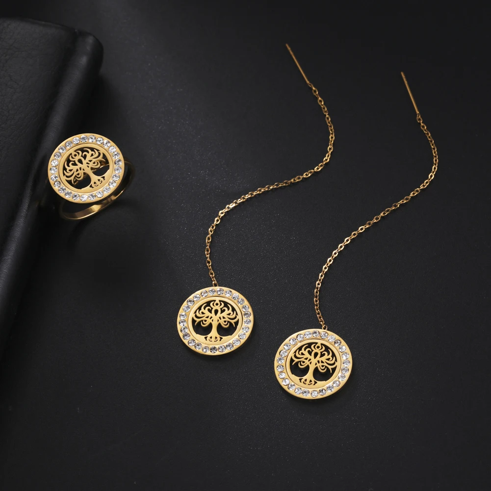 

Kkjoy Life Of Tree Long Tassel Pendants Earings Rings Set For Women Silver Gold Color Stainless Steel Round Suit Fashion Simple