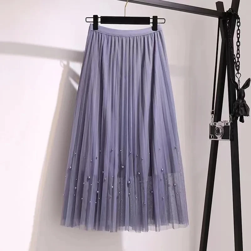 

2023 Spring Summer Mesh Beaded Skirt For Women Clothing Elegant Large Size Slim Elastic High Waist Pleated Dance Skirts BC302