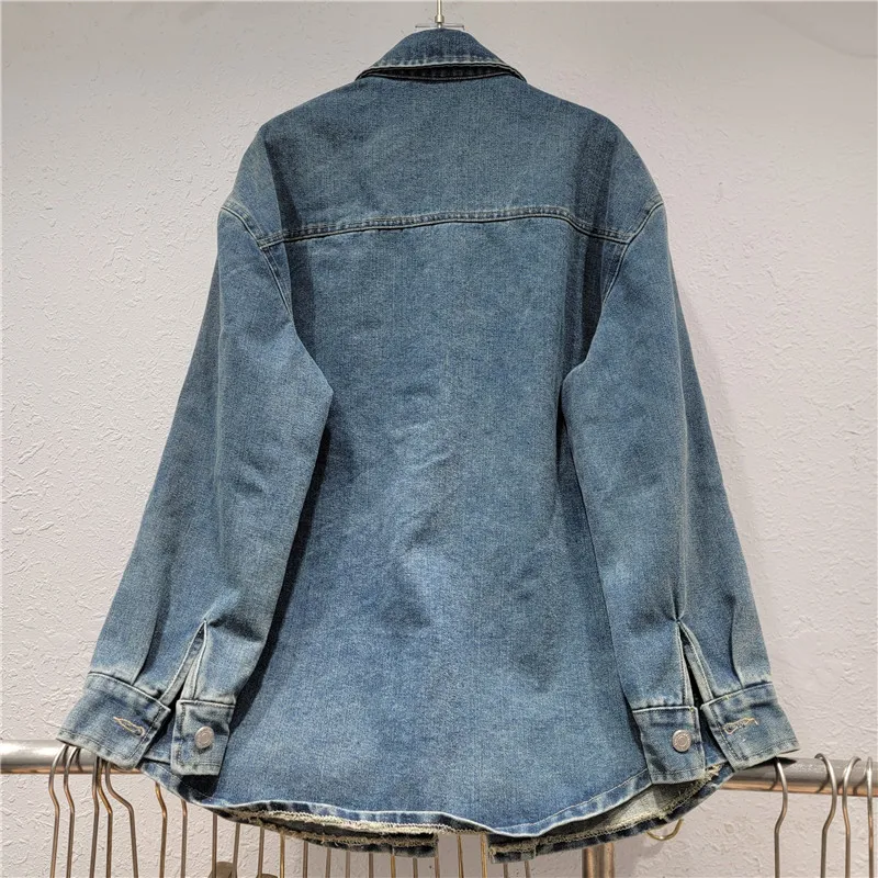 202 трехмерная джинсовая рубашка с длинными рукавами и лацканами в виде розы