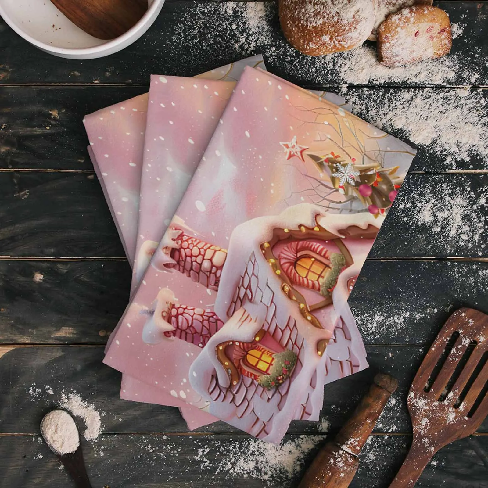 Рождественские конфеты Дом снег вид сельская местность печать чайное полотенце