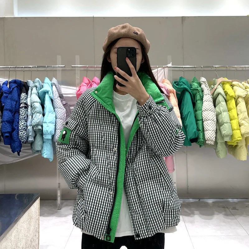 2022 Kotak-kotak Musim Dingin Wanita Parka Berlapis Katun Tebal Mode Bertudung Longgar Longgar Gratis Cuci Jaket Puffer Wanita