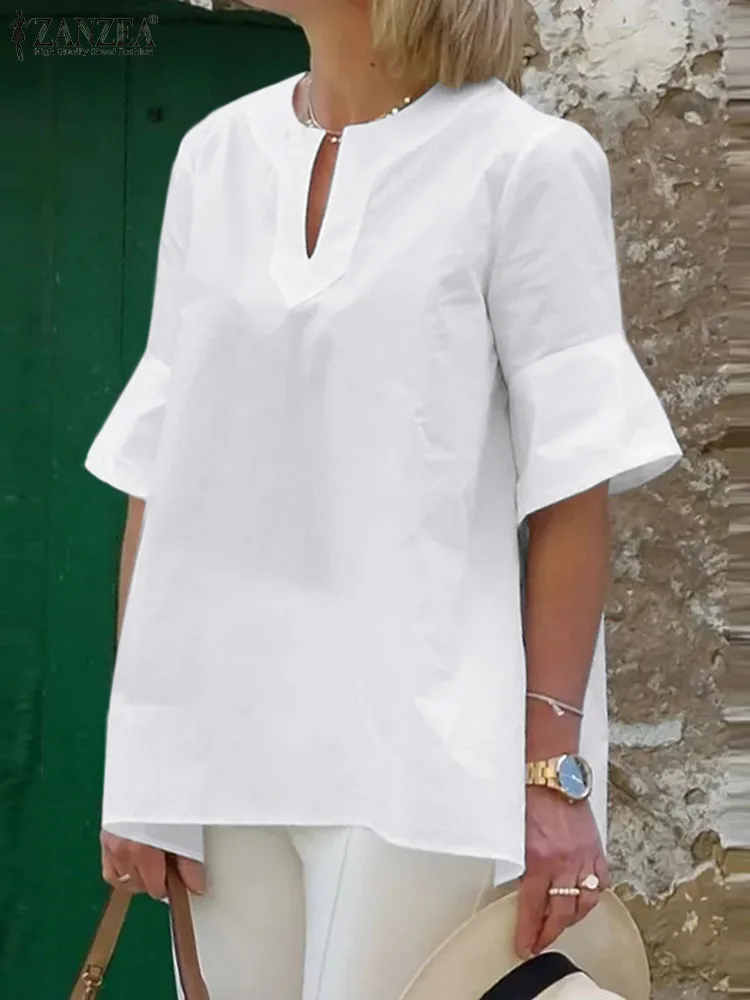 

ZANZEA Women Blouse Vintage 2023 Summer Short Sleeve V Neck Shirt Casual Loose Solid Color Tops Oversize All-match Tunics Blusas