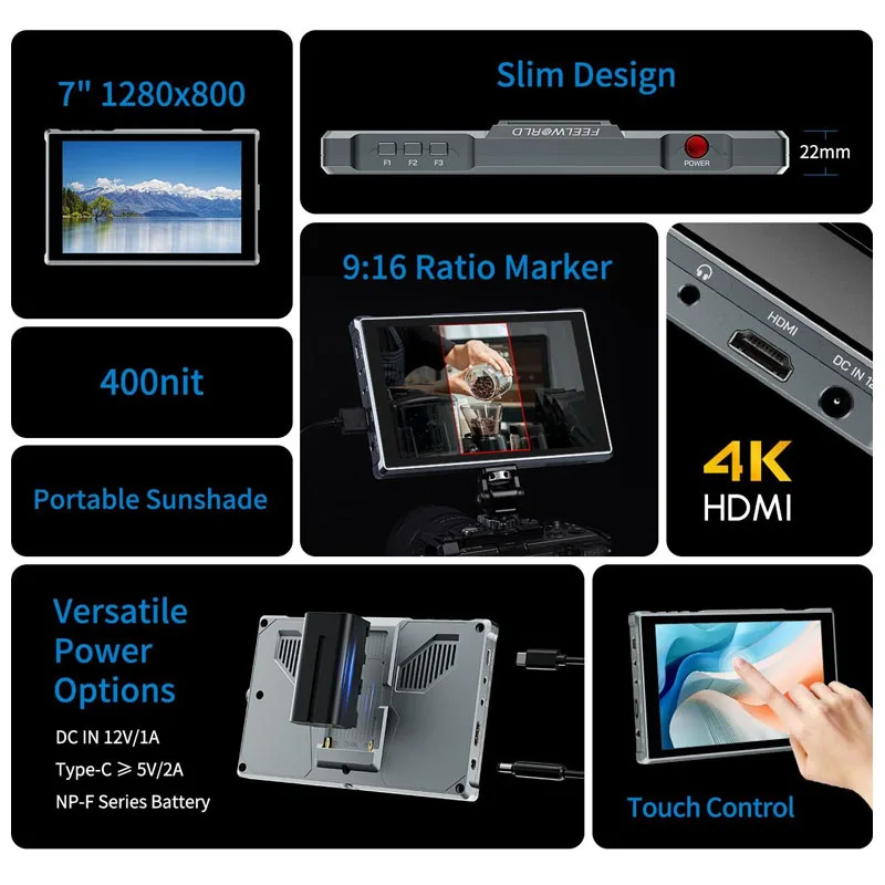 Фото FEELWORLD 7-дюймовый видеомонитор для камеры FW759 PRO с сенсорным экраном, 4K HDMI, 1280x800 IPS №2