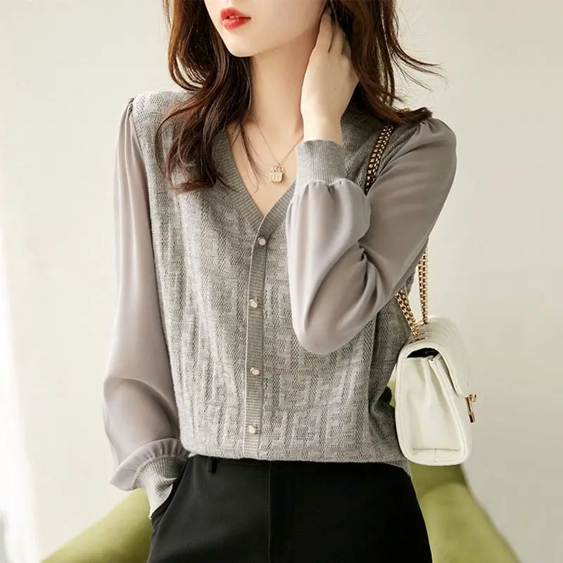

Hollow Out Jacquard Knit Shirt Women's Spring Autumn 2023 New Chiffon Patchwork V-neck Pullover Long Sleeved Lady Top Cardigan