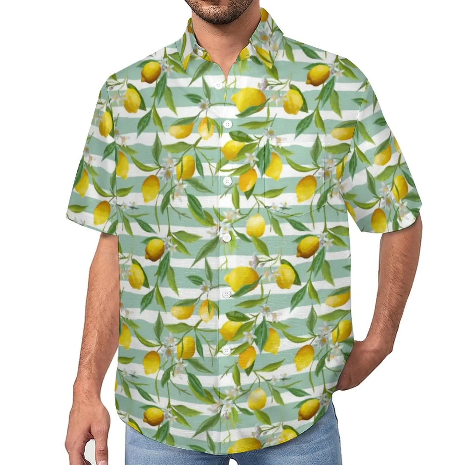 

Повседневные рубашки с лимонным цветком; Гавайская рубашка в полоску с принтом; Модные мужские Блузы с принтом; Большие размеры 3XL 4XL