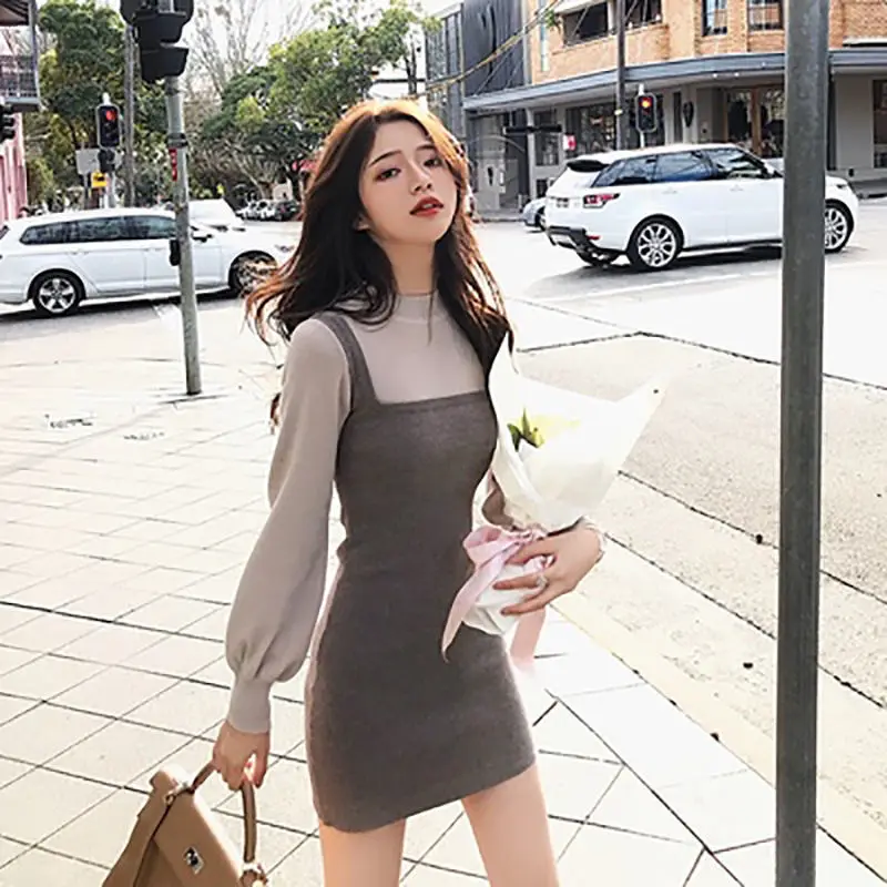 

Sexy Slim High Waist Pullover O Neck Patchwork Twist Knitted Dress Women Mini Wild Long Sleeves Fake Two Sweaters Skirt M851