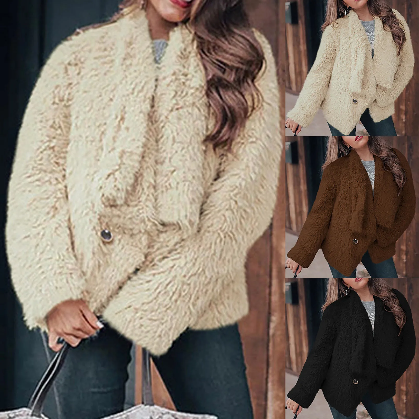 Solid Color Teddy Jacket Thick Faux Fur lapel Collar Plush Overcoat Jackets Women Button Casual Warm Outerwear Tweed Coat mujer