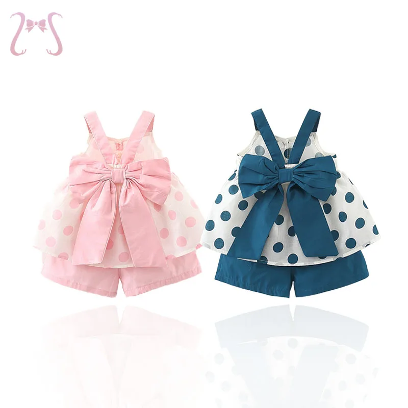 

2Pcs/Set Sweet Polka Dot Baby Girl Children Clothes Suit Summer Sleeveless Bow Sling + Tendon Shorts Casual Kids Costume 0 To 3Y