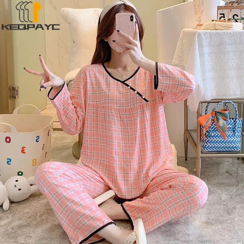 Women's Pajamas New 2023 Spring Autumn Long Sleeve Thin Sleepwear Pyjamas Women Plaid Floral Casual Nightwear Clothing Sets