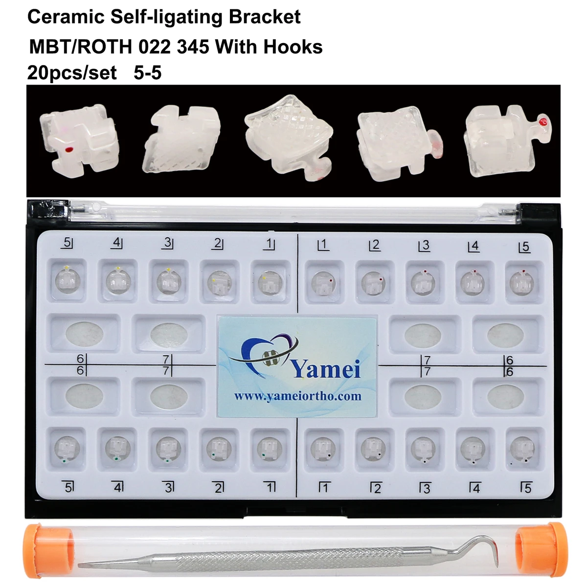 YAMEI Dental Orthodontic Clear Style Self-Ligating Ceramic Brackets Braces Roth/MBT 022 Slot 345 With Hooks