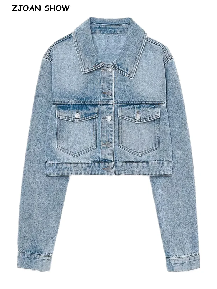 

2022 Autumn Loose Short Crop Denim Jacket Vintage Women Lapel Front Pockets Single Breasted Draped Jean Coat Cool Outerwear