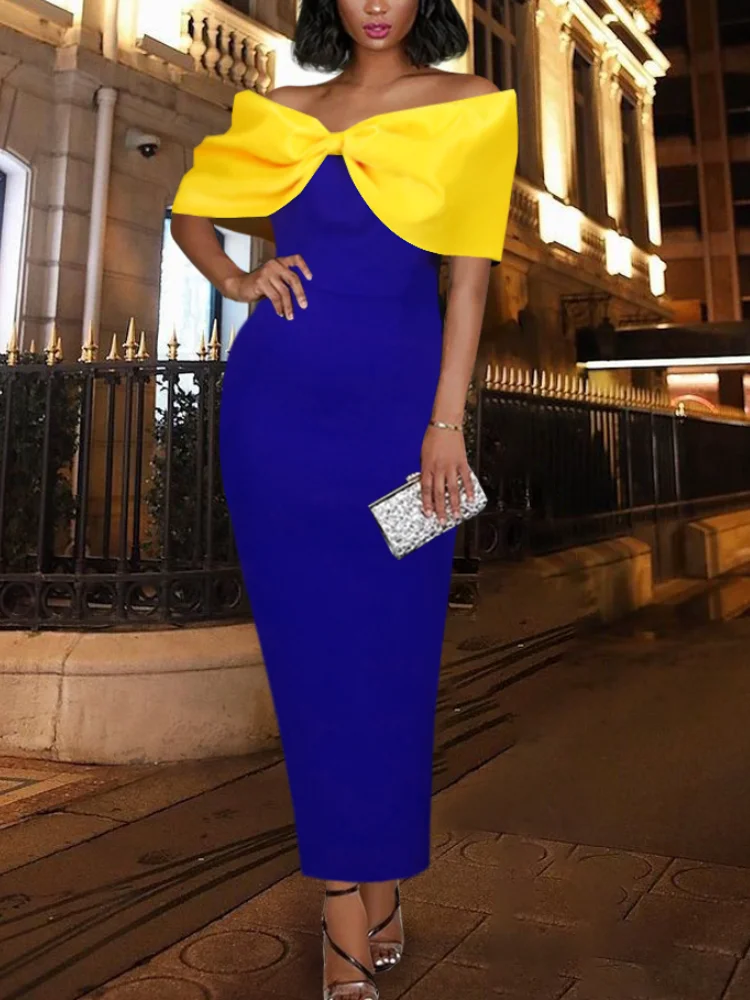 

Maxi Dresses Women Off Shoulder Big Bow Patchwork Yellow Blue Strapless Slim Stylish Evening Birthday Sexy Party Cocktail Gowns