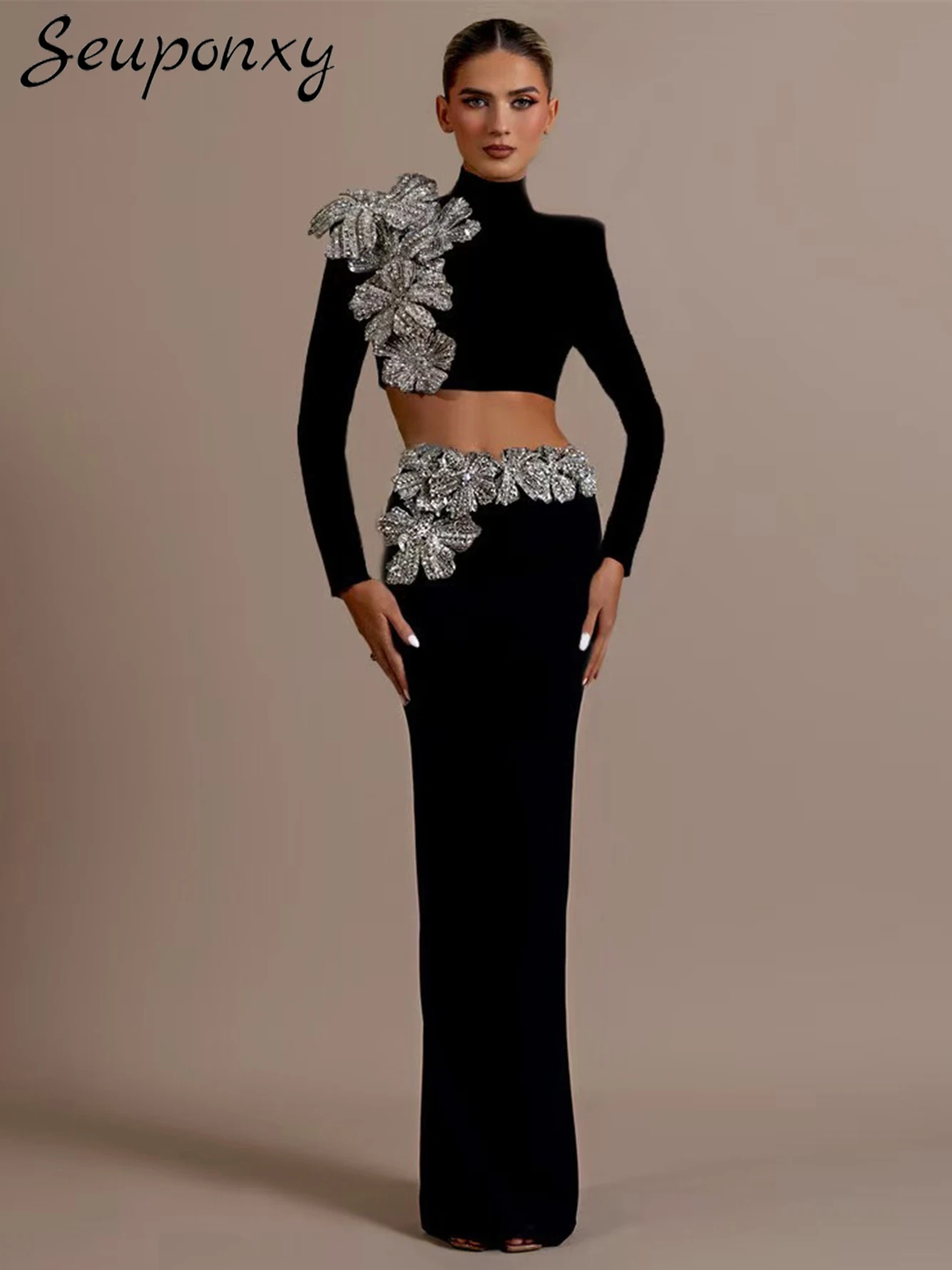 Высокое качество 2024 женский черный бандажный комплект с ромбовидным цветком из 2