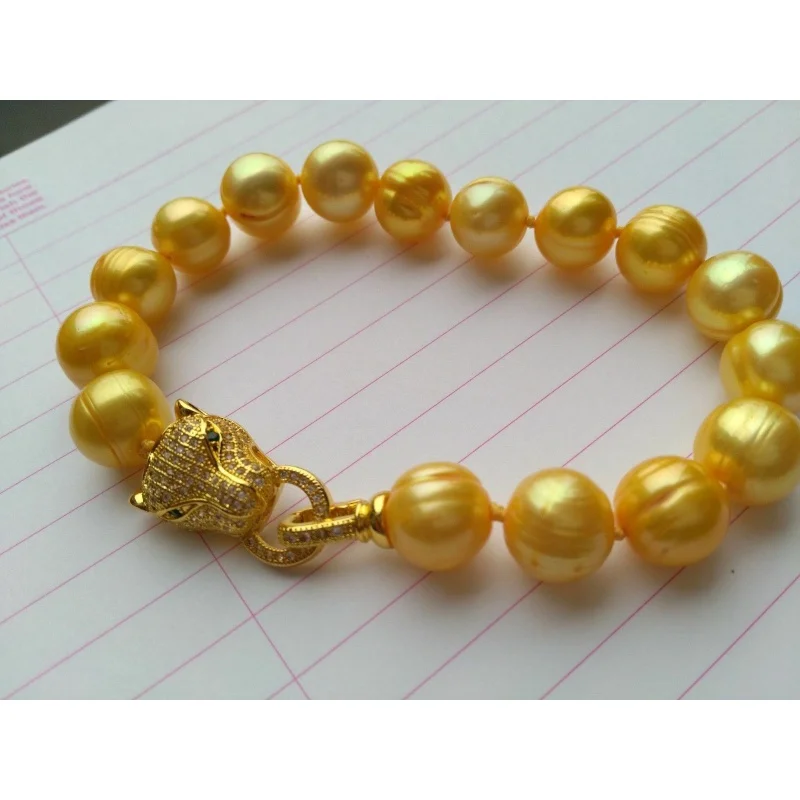 

Лидер продаж, большой жемчужный браслет AAA 9-10 мм с золотым жемчугом южного моря, 7,5-8 дюймов