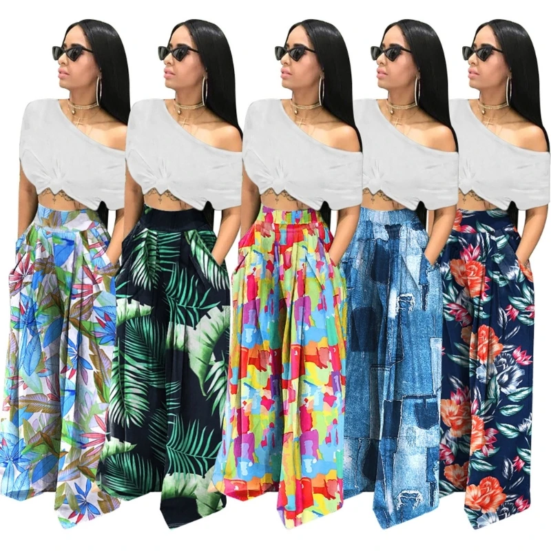 Womens Elastic Waist Pants Printed Palazzo  Wide Leg Casual Pants Female Breathable Thin Pants