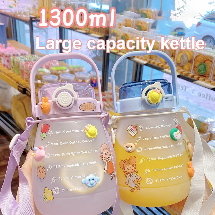 

1300ML Gradient Ramp Water Bottle Large Capacity Cute Tumbler Portable Sports Water Cup Strap Straw DIY Stickers Bounce Cover